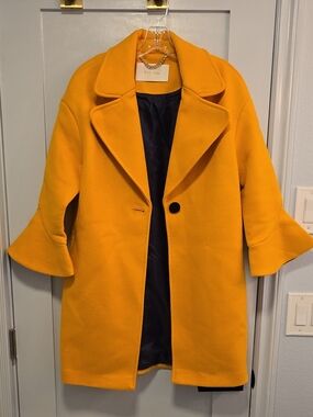 Tailored Mustard Yellow Bell-Sleeve Wool-Blend Trench Coat